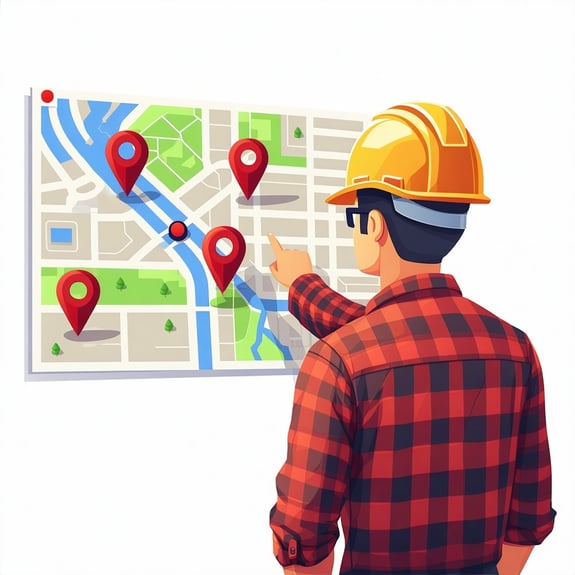 Create a flat vector illustration of a construction worker in a hard hat pointing at a digital map with red location pins The background should resemble a simplified Google Maps interface with clearly marked roads and a few landmarks The worker shoul-1